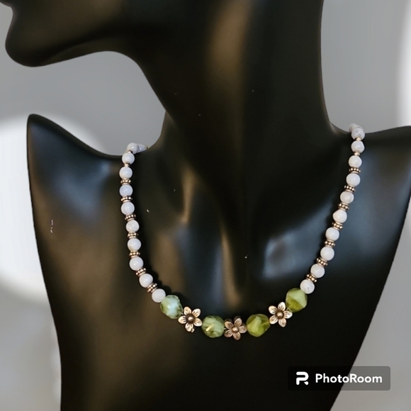 HANDMADE Blue Lace Agate Czech Glass Floral Beaded Fairycore Necklace - Picture 1 of 7